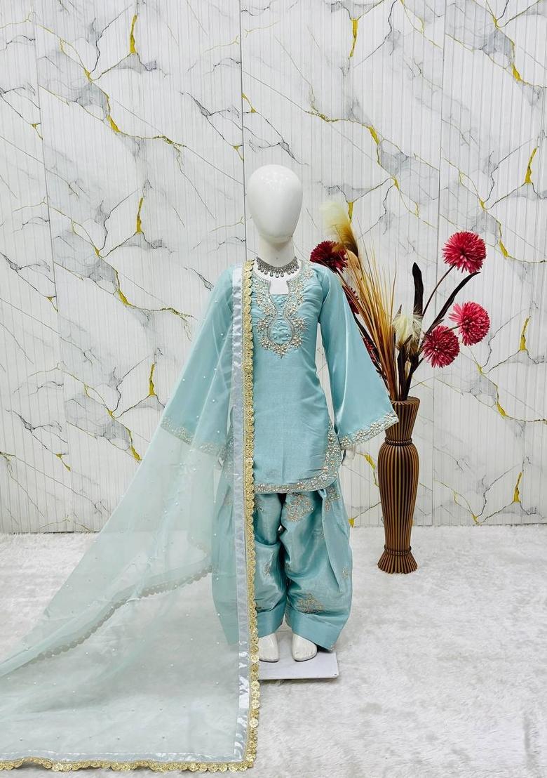 Blue Embroidered Silk Kurta Set For Girls - Indya