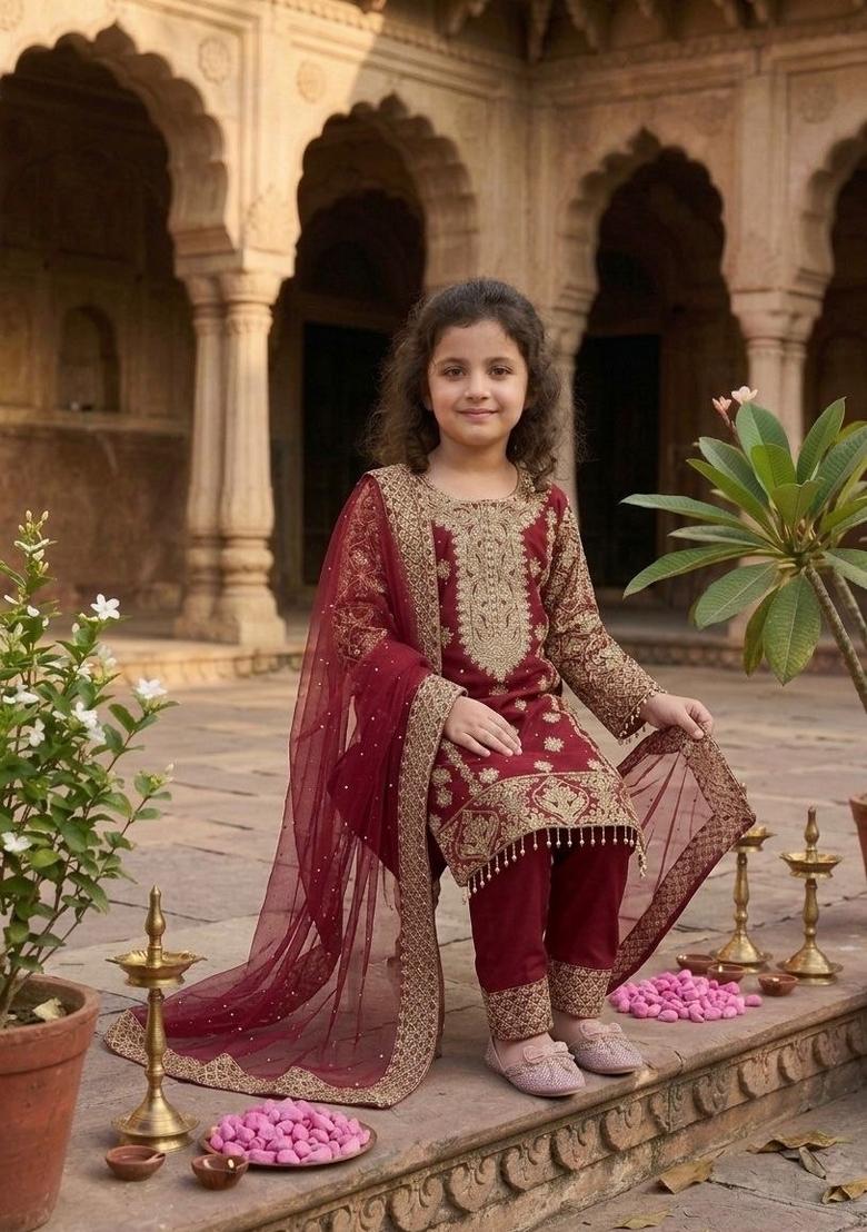 Red Embroidered Georgette Kurta Set For Girls - Indya