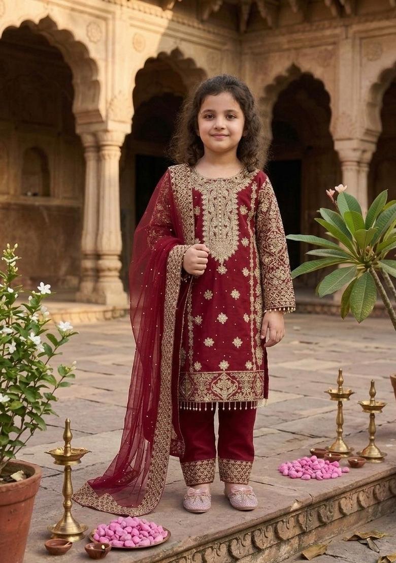 Red Embroidered Georgette Kurta Set For Girls - Indya