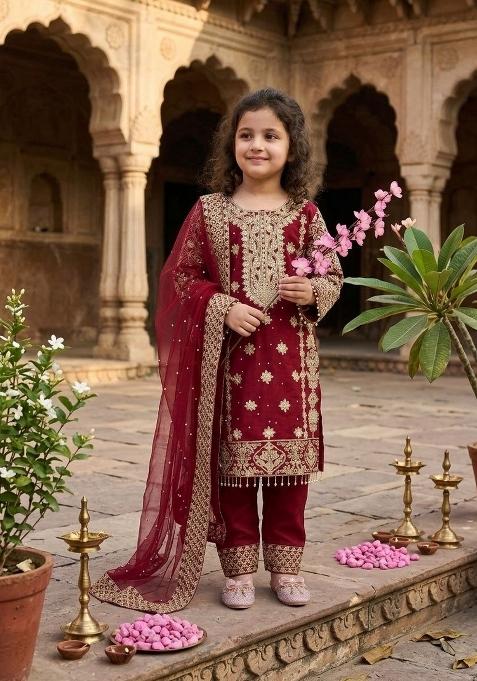 Red Embroidered Georgette Kurta Set For Girls