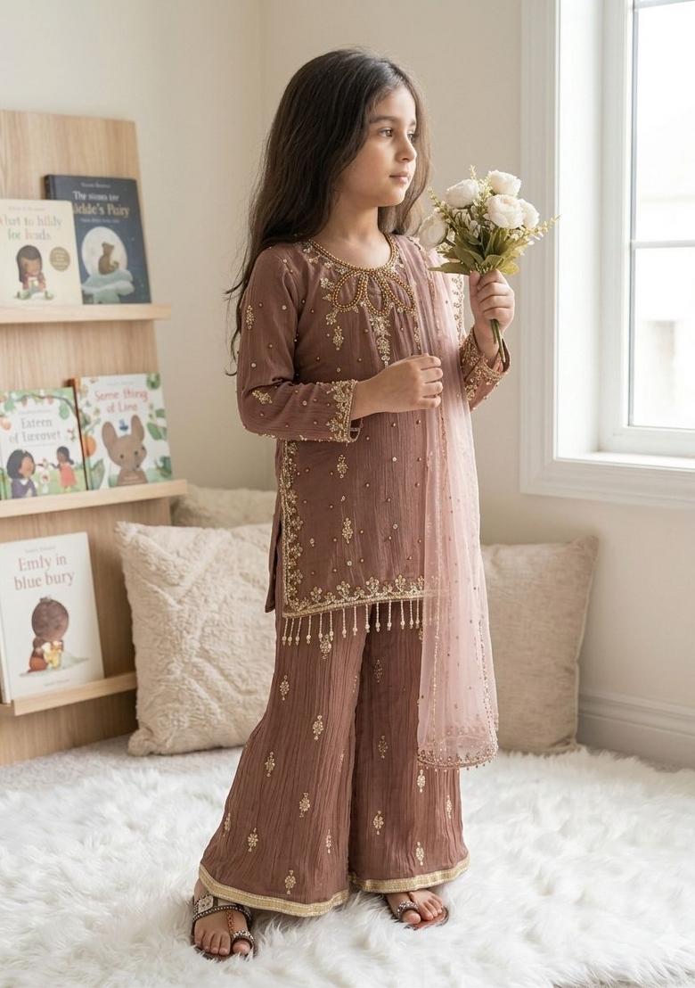 Brown Embroidered Georgette Kurta Set For Girls - Indya