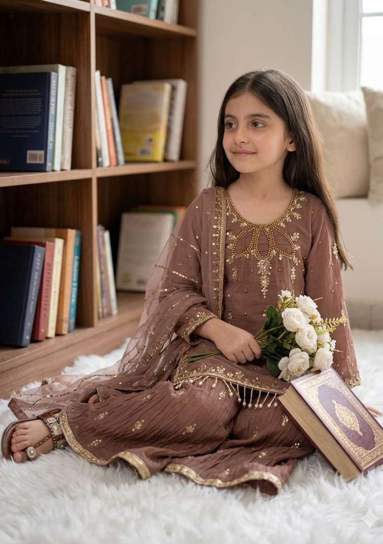 Brown Embroidered Georgette Kurta Set For Girls - Indya