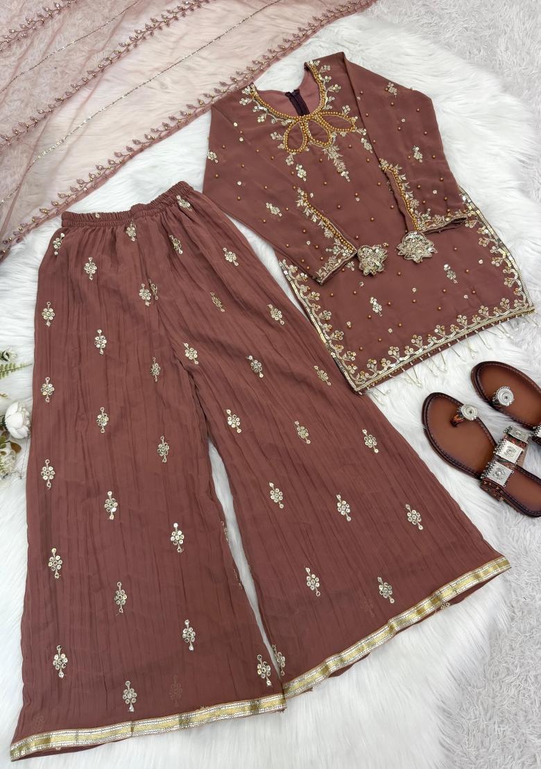 Brown Embroidered Georgette Kurta Set For Girls - Indya