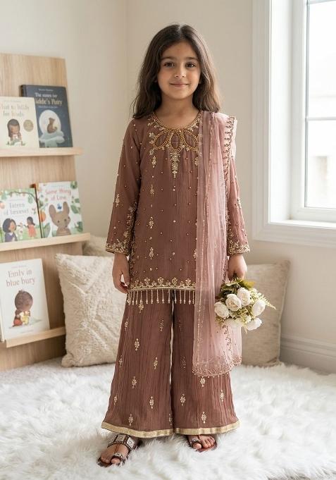 Brown Embroidered Georgette Kurta Set For Girls