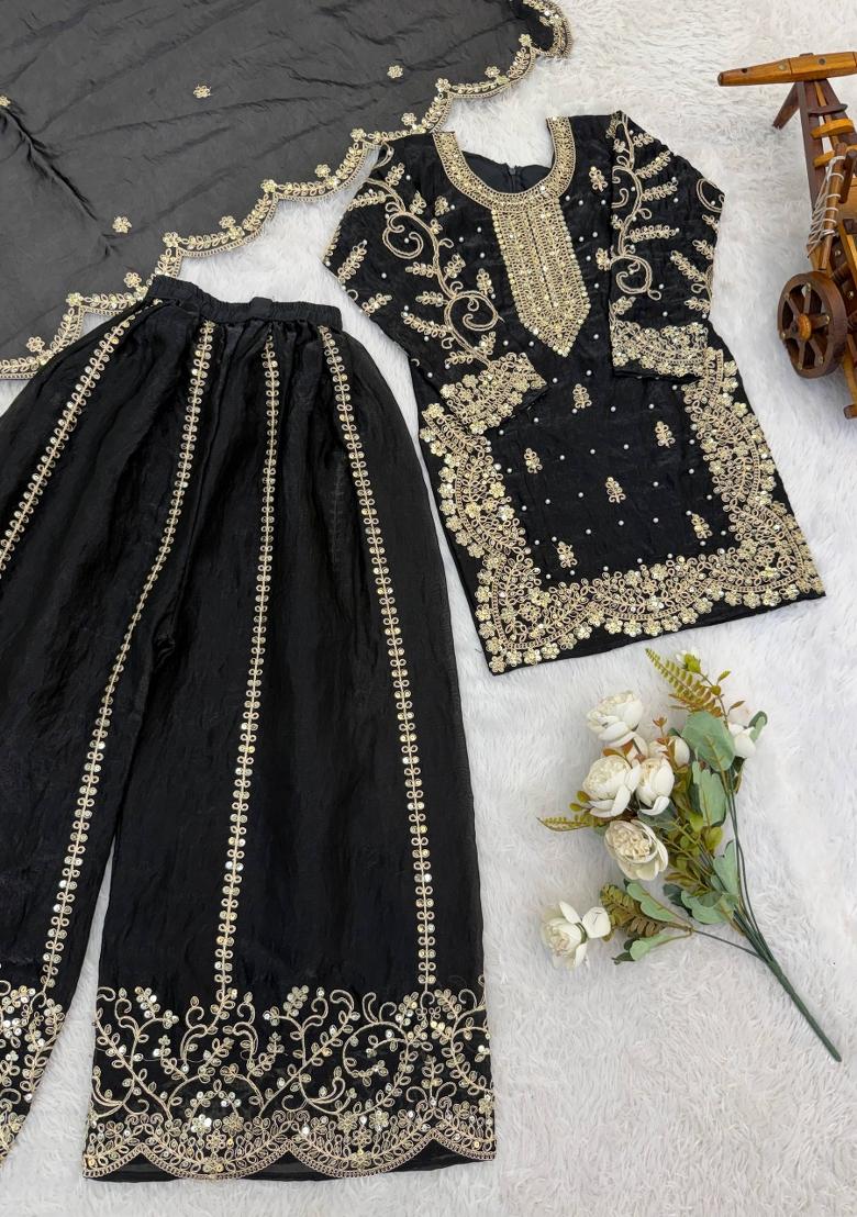 Black Embroidered Silk Kurta Set For Girls - Indya