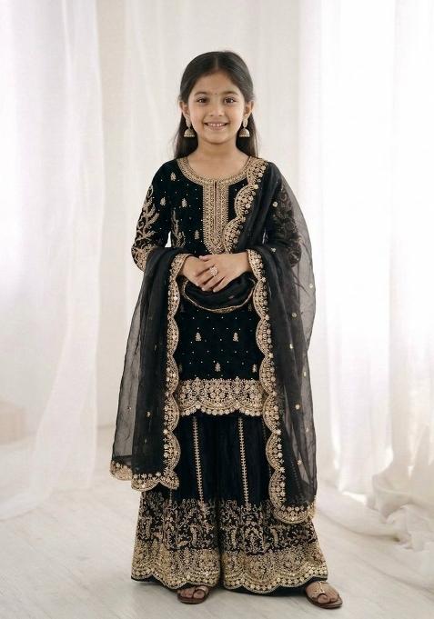 Black Embroidered Silk Kurta Set For Girls
