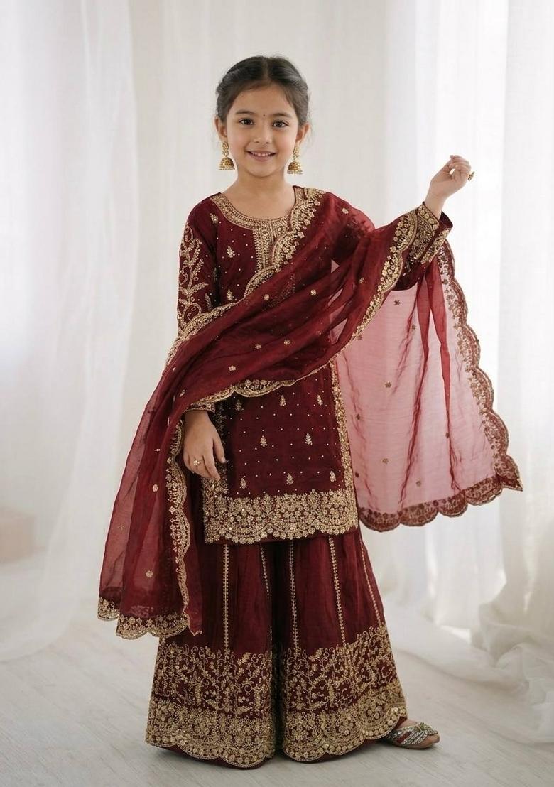 Maroon Embroidered Silk Kurta Set For Girls - Indya