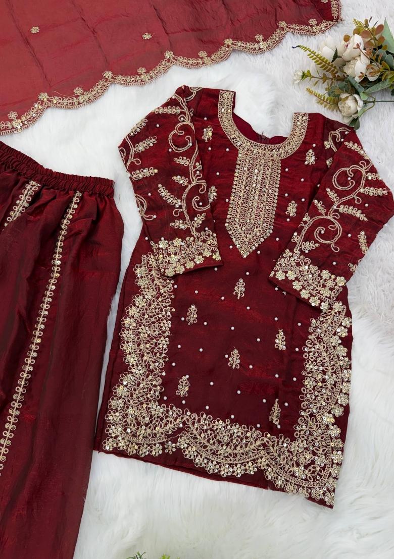 Maroon Embroidered Silk Kurta Set For Girls - Indya