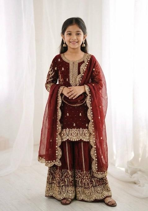 Maroon Embroidered Silk Kurta Set For Girls