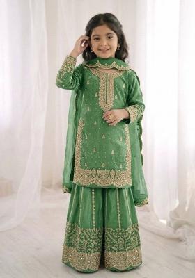 Green Embroidered Silk Kurta Set For Girls