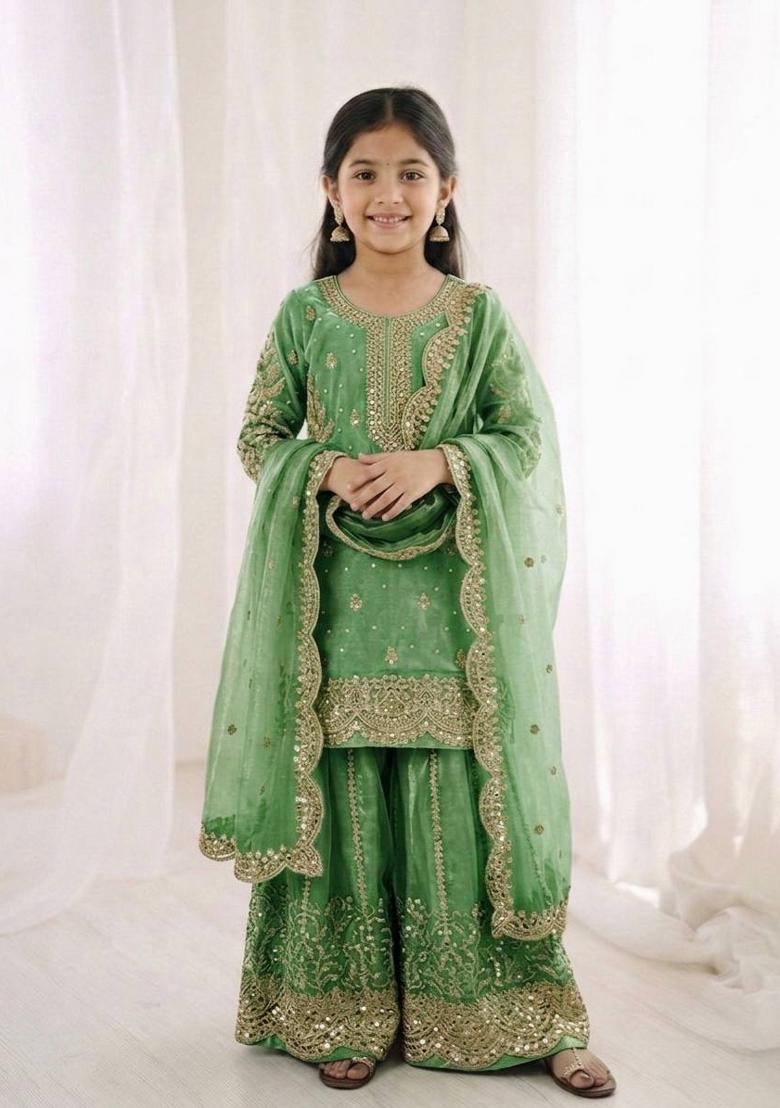 Green Embroidered Silk Kurta Set For Girls - Indya