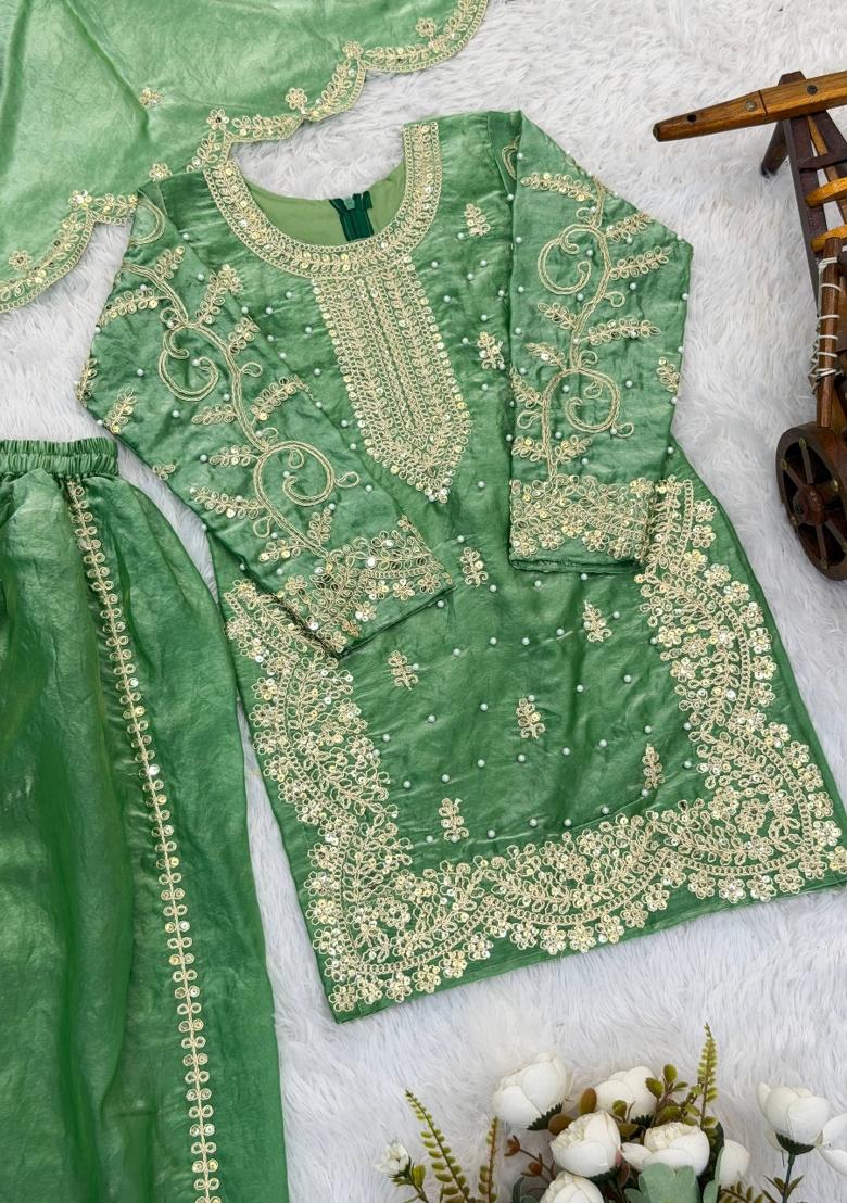 Green Embroidered Silk Kurta Set For Girls - Indya