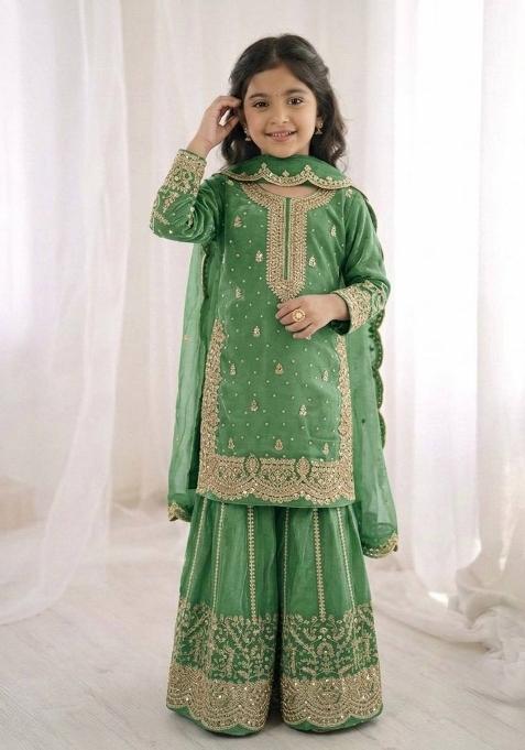Green Embroidered Silk Kurta Set For Girls