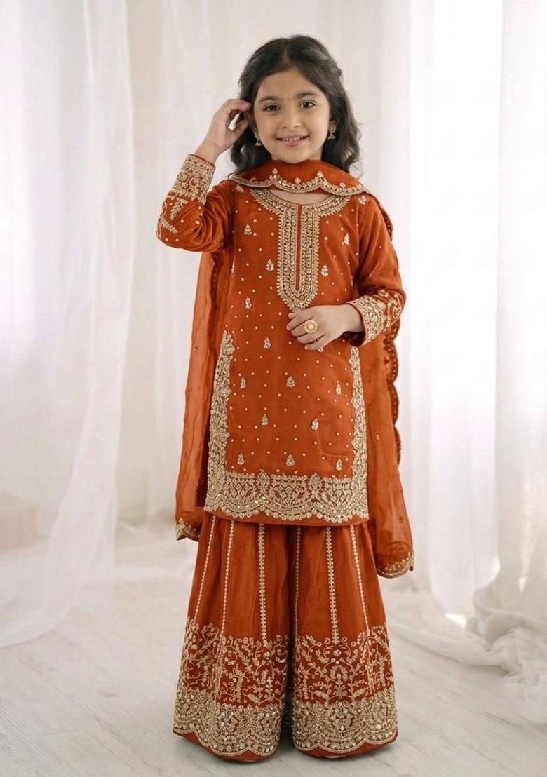 Orange Embroidered Silk Kurta Set For Girls - Indya