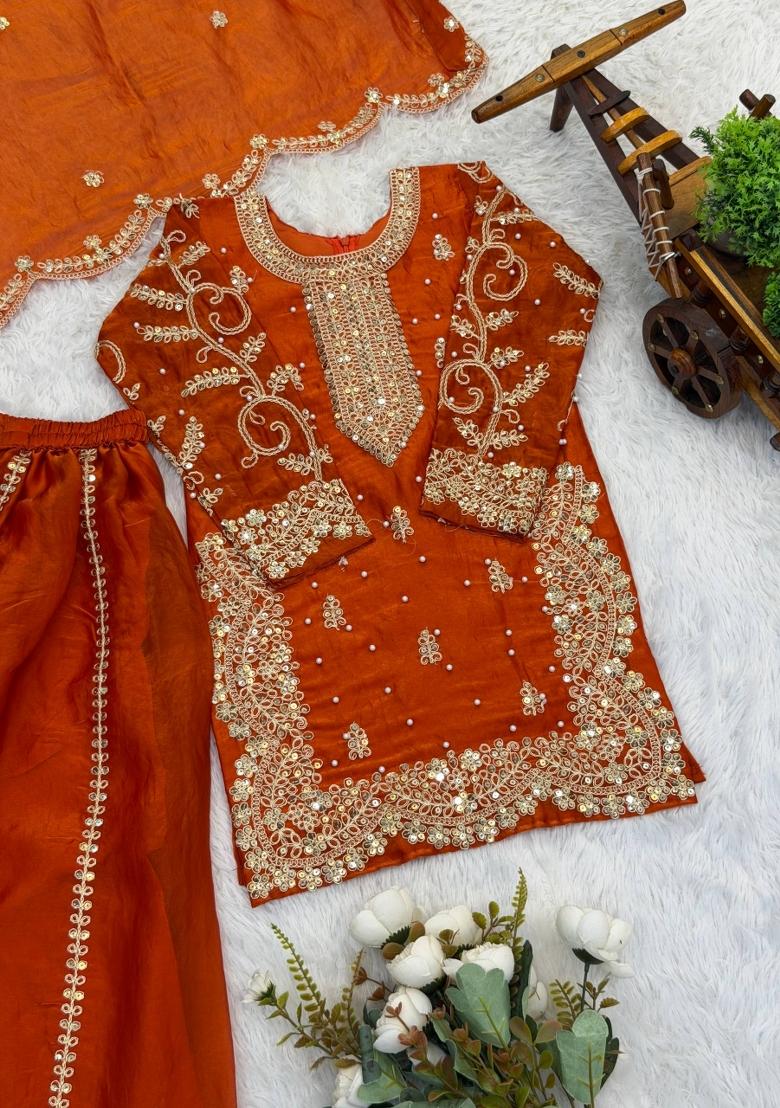 Orange Embroidered Silk Kurta Set For Girls - Indya