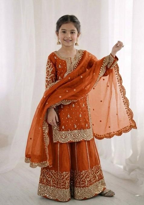 Orange Embroidered Silk Kurta Set For Girls