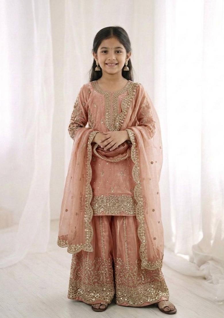 Pink Embroidered Silk Kurta Set For Girls - Indya