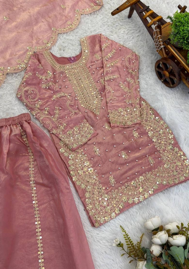 Pink Embroidered Silk Kurta Set For Girls - Indya