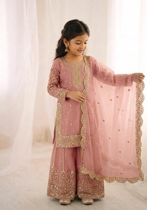 Pink Embroidered Silk Kurta Set For Girls