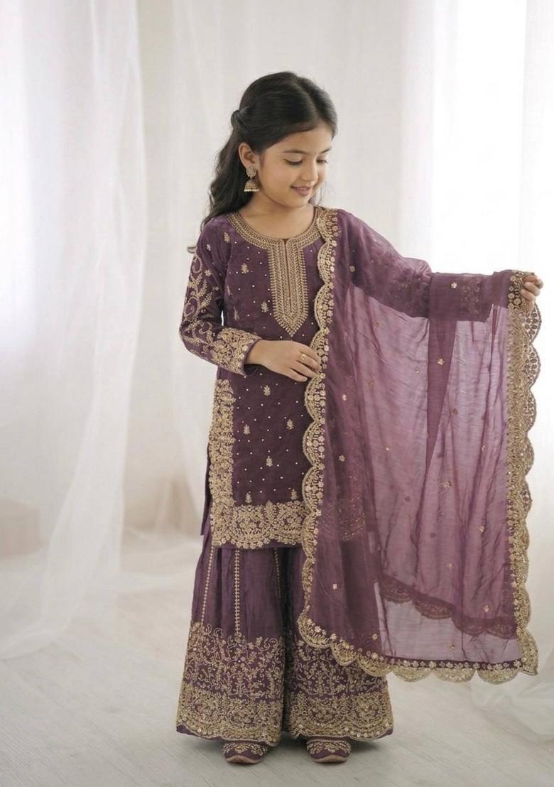 Purple Embroidered Silk Kurta Set For Girls - Indya