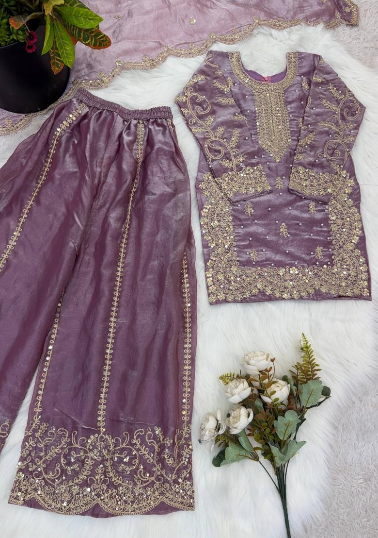 Purple Embroidered Silk Kurta Set For Girls - Indya