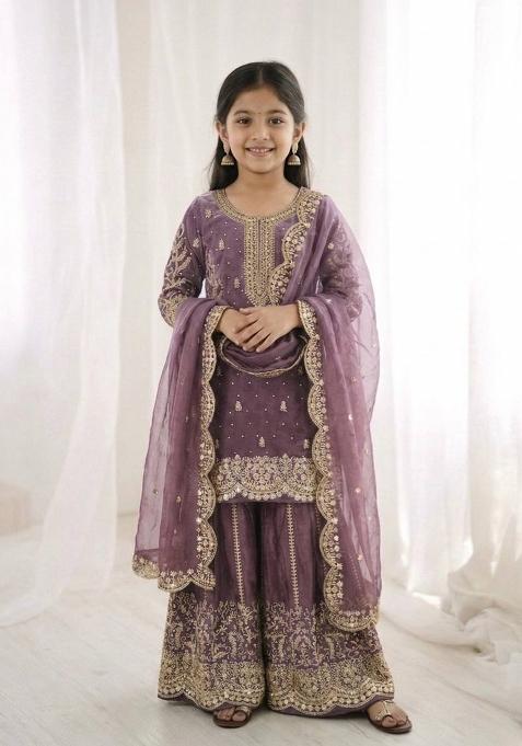 Purple Embroidered Silk Kurta Set For Girls