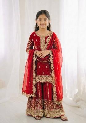 Red Embroidered Silk Kurta Set For Girls