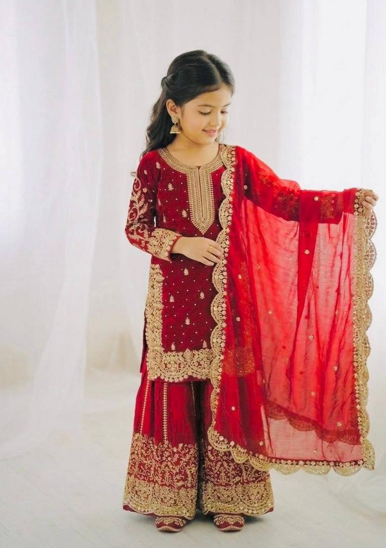 Red Embroidered Silk Kurta Set For Girls - Indya