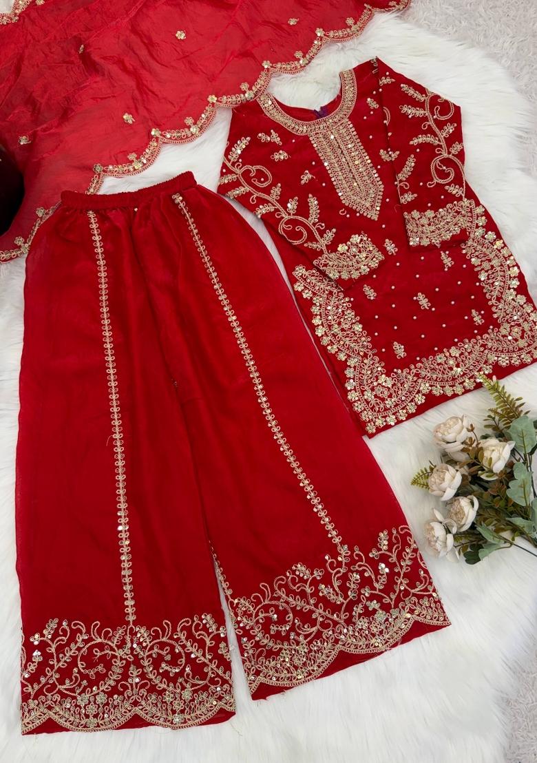 Red Embroidered Silk Kurta Set For Girls - Indya