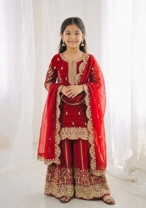 Red Embroidered Silk Kurta Set For Girls