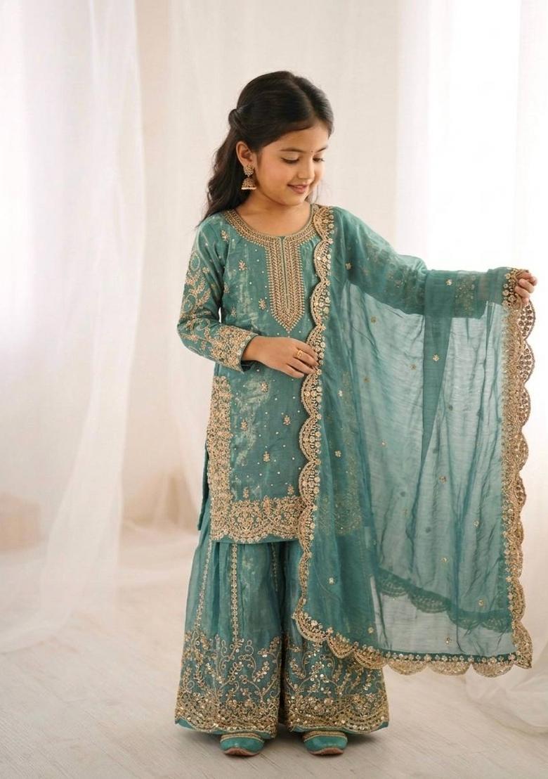 Blue Embroidered Silk Kurta Set For Girls - Indya