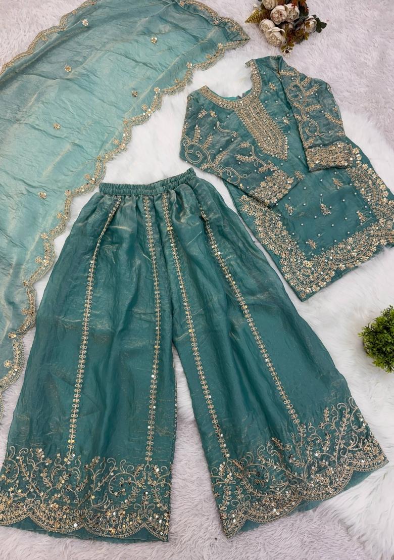 Blue Embroidered Silk Kurta Set For Girls - Indya