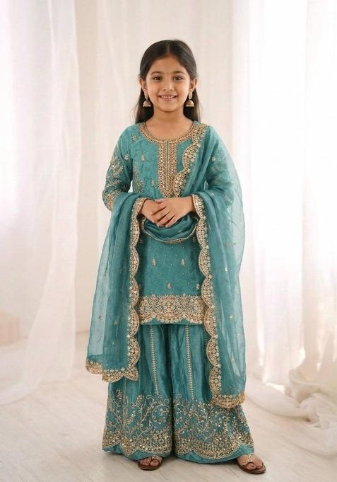 Blue Embroidered Silk Kurta Set For Girls
