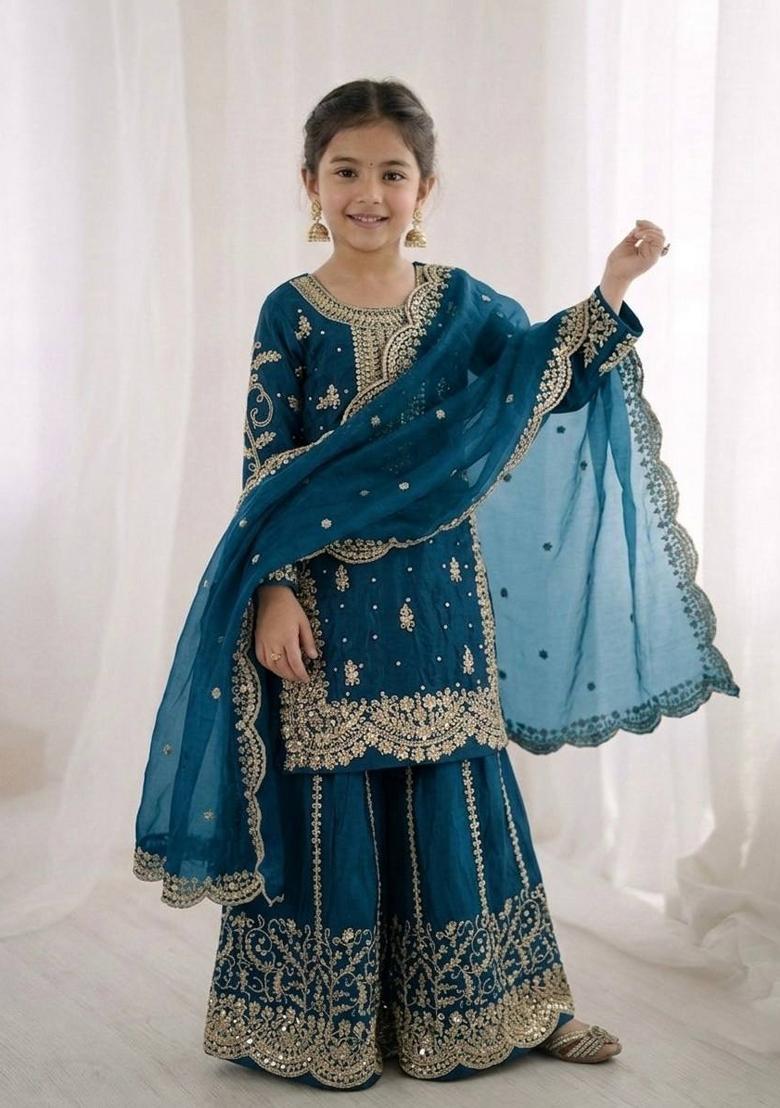 Turquoise Embroidered Silk Kurta Set For Girls - Indya