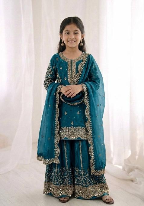 Turquoise Embroidered Silk Kurta Set For Girls