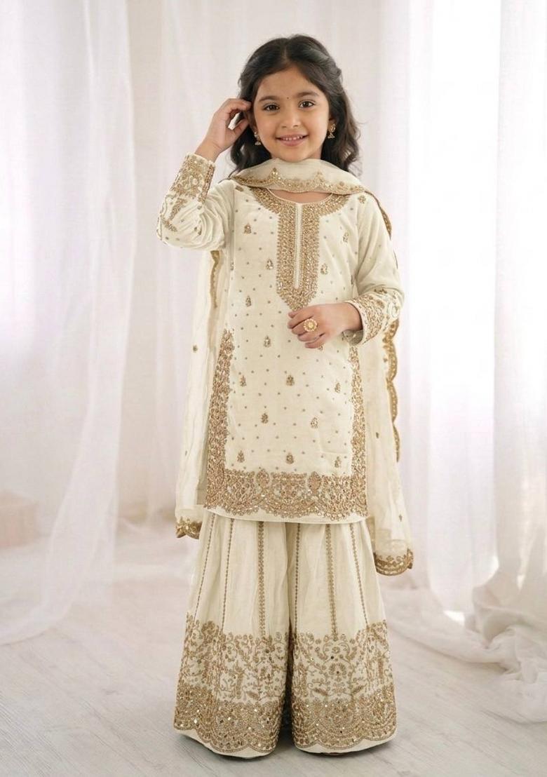 White Embroidered Silk Kurta Set For Girls - Indya