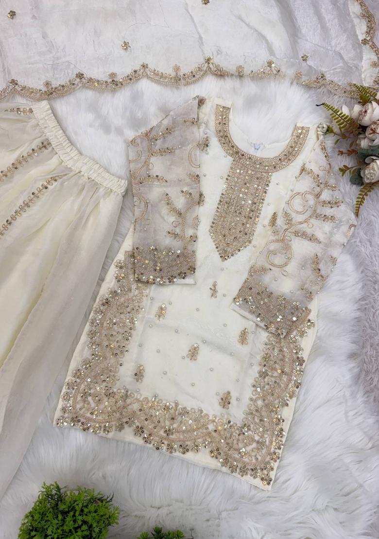 White Embroidered Silk Kurta Set For Girls - Indya