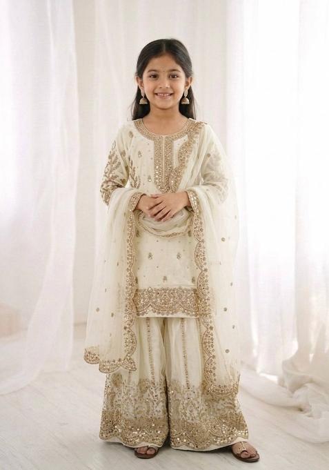 White Embroidered Silk Kurta Set For Girls