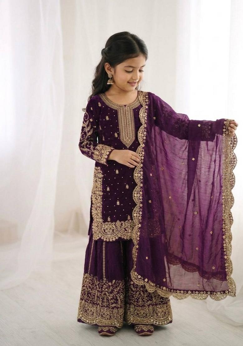 Purple Embroidered Silk Kurta Set For Girls - Indya