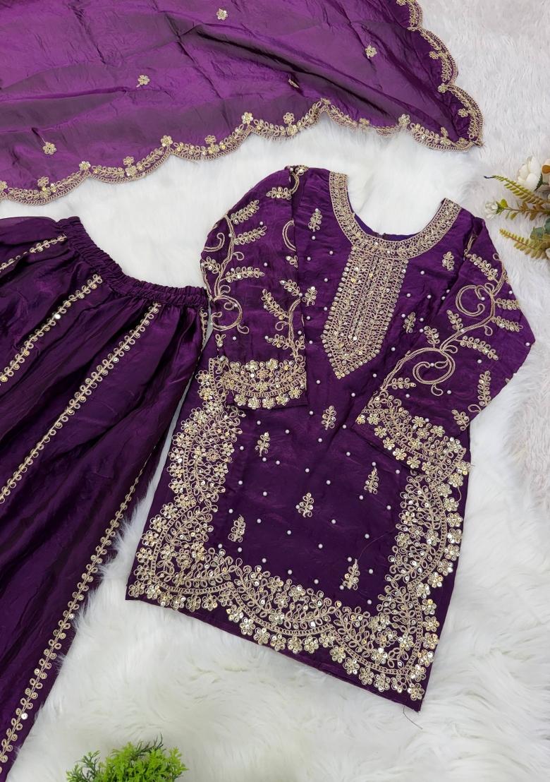 Purple Embroidered Silk Kurta Set For Girls - Indya