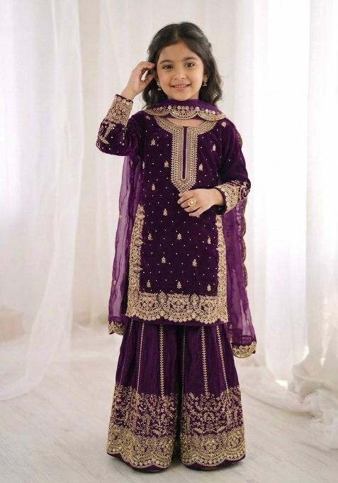 Purple Embroidered Silk Kurta Set For Girls