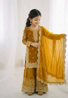Yellow Embroidered Silk Kurta Set For Girls