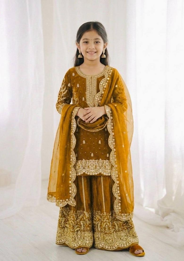 Yellow Embroidered Silk Kurta Set For Girls - Indya
