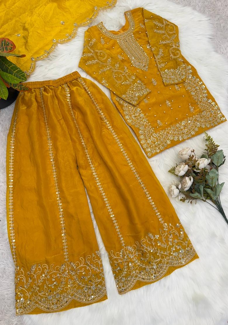 Yellow Embroidered Silk Kurta Set For Girls - Indya