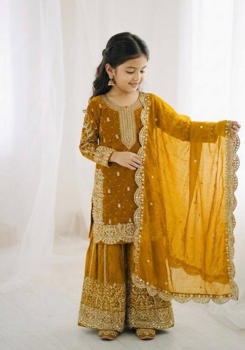 Yellow Embroidered Silk Kurta Set For Girls