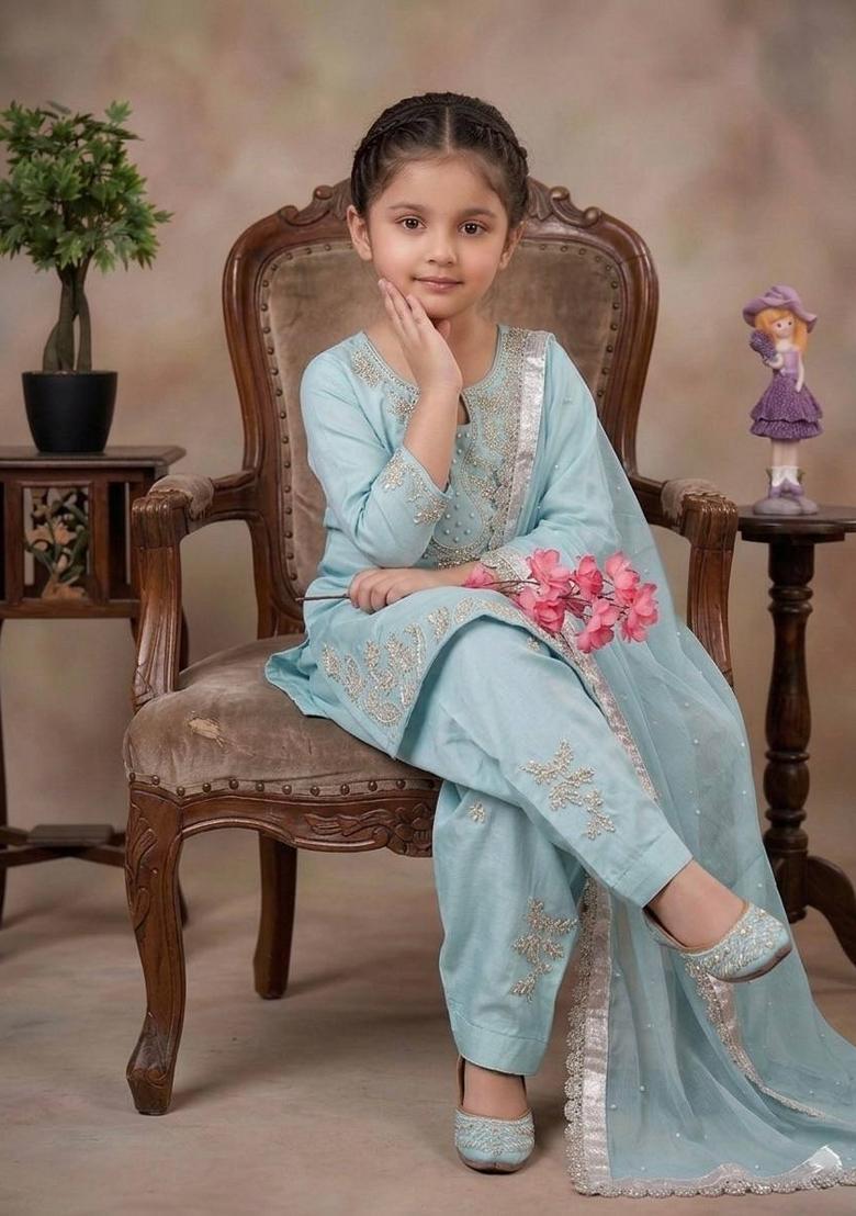 Sky Blue Embroidered Silk Kurta Set For Girls - Indya