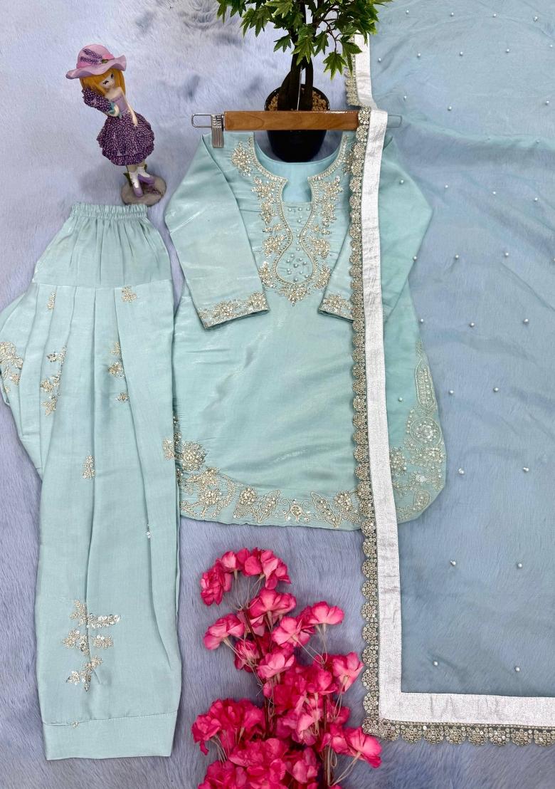 Sky Blue Embroidered Silk Kurta Set For Girls - Indya