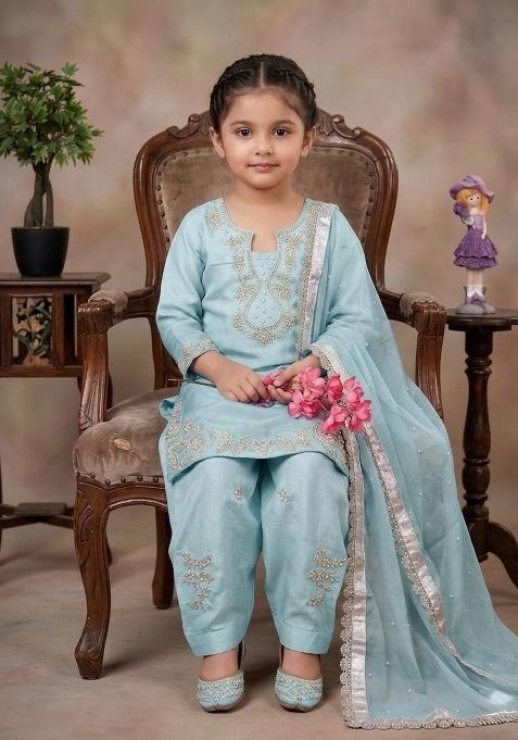Sky Blue Embroidered Silk Kurta Set For Girls