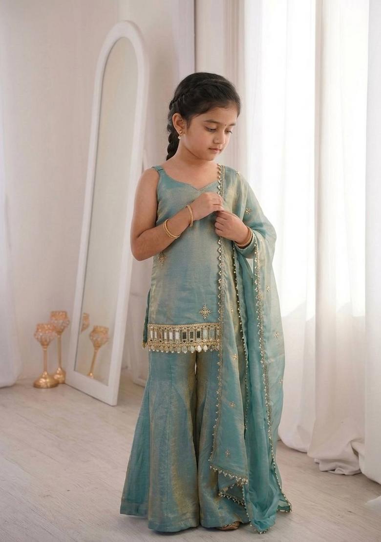 Blue Embroidered Silk Kurta Set For Girls - Indya