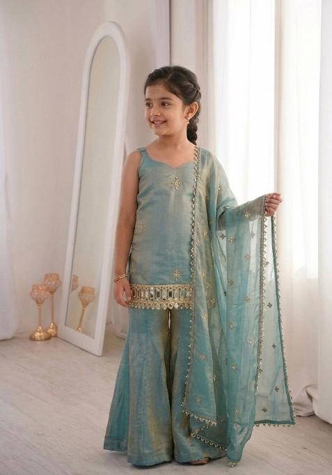 Blue Embroidered Silk Kurta Set For Girls